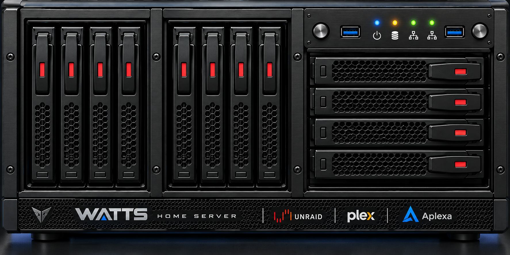 Watts Home Server with twelve 3.5-inch drive bays arranged four vertical, four vertical, and four horizontal